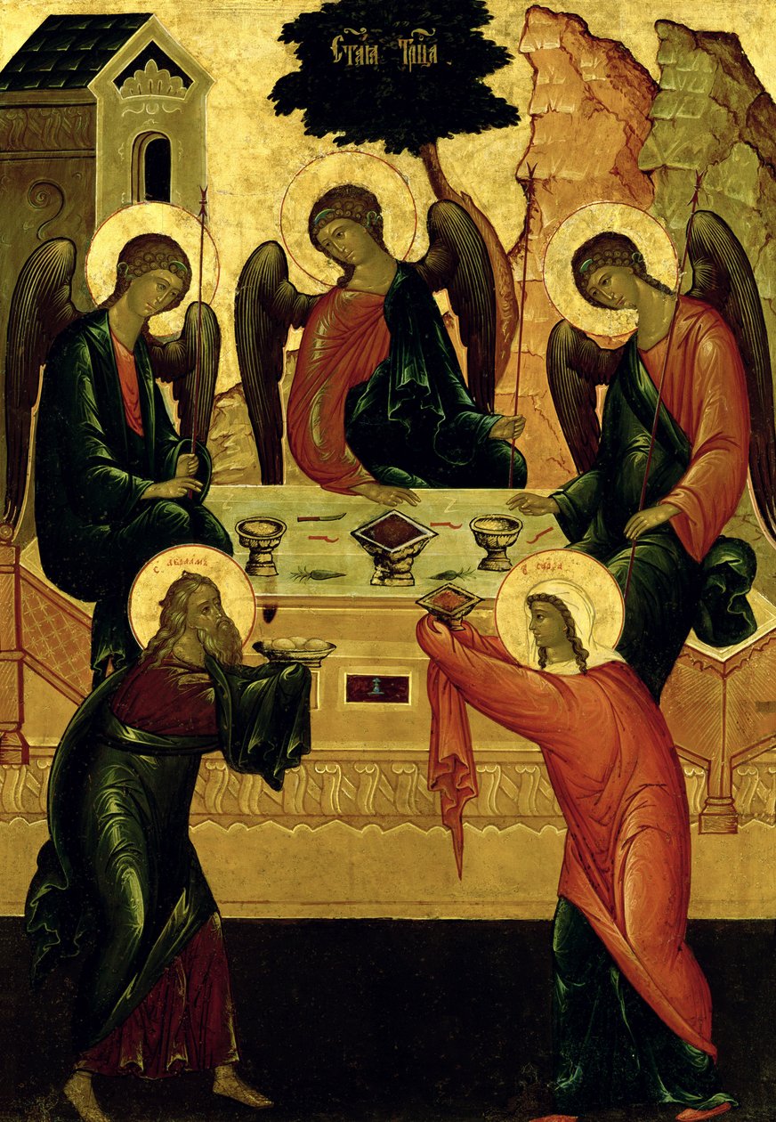 The Holy Trinity, Novgorod School, 1400-tallet (tempera på lerret) av Novgorod School