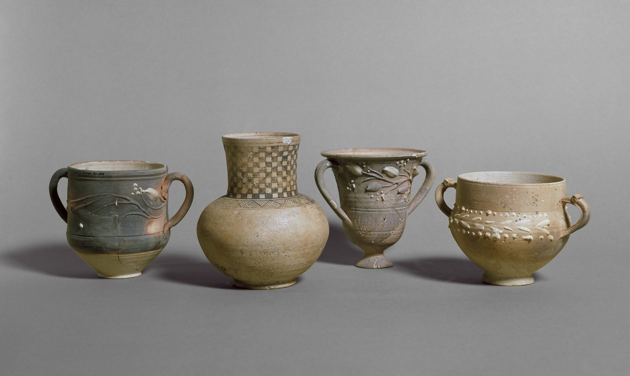 Barbotinkopper og liten krukke, meroittisk periode (ca. 400 f.Kr. - ca. 400 e.Kr.) (brent leire) av Nubian