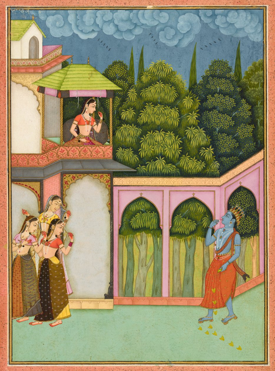 Krishna nærmer seg Radha, folio fra en <em>Rasikpriya</em> av Nuruddin