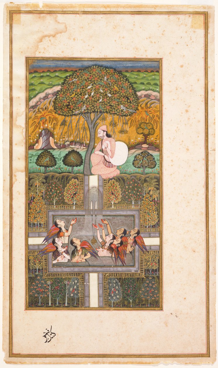 Raja Bikram and the Angels, illustrasjon fra Gulshan-i-Ishq, ca. 1700 (wc med gull på papir) av Nusrati of Bijapur