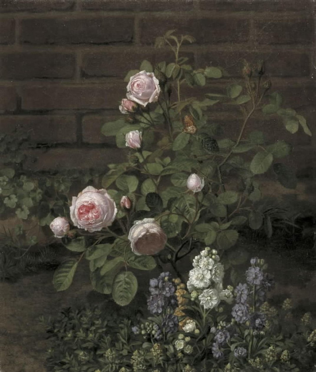 Et moserosetre omgitt av sommerblomster av O.D. Ottesen