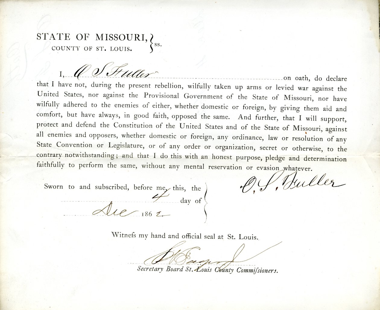 Lojalitetsed av O. S. Fuller fra Missouri, County of St.Louis av O.S. Fuller