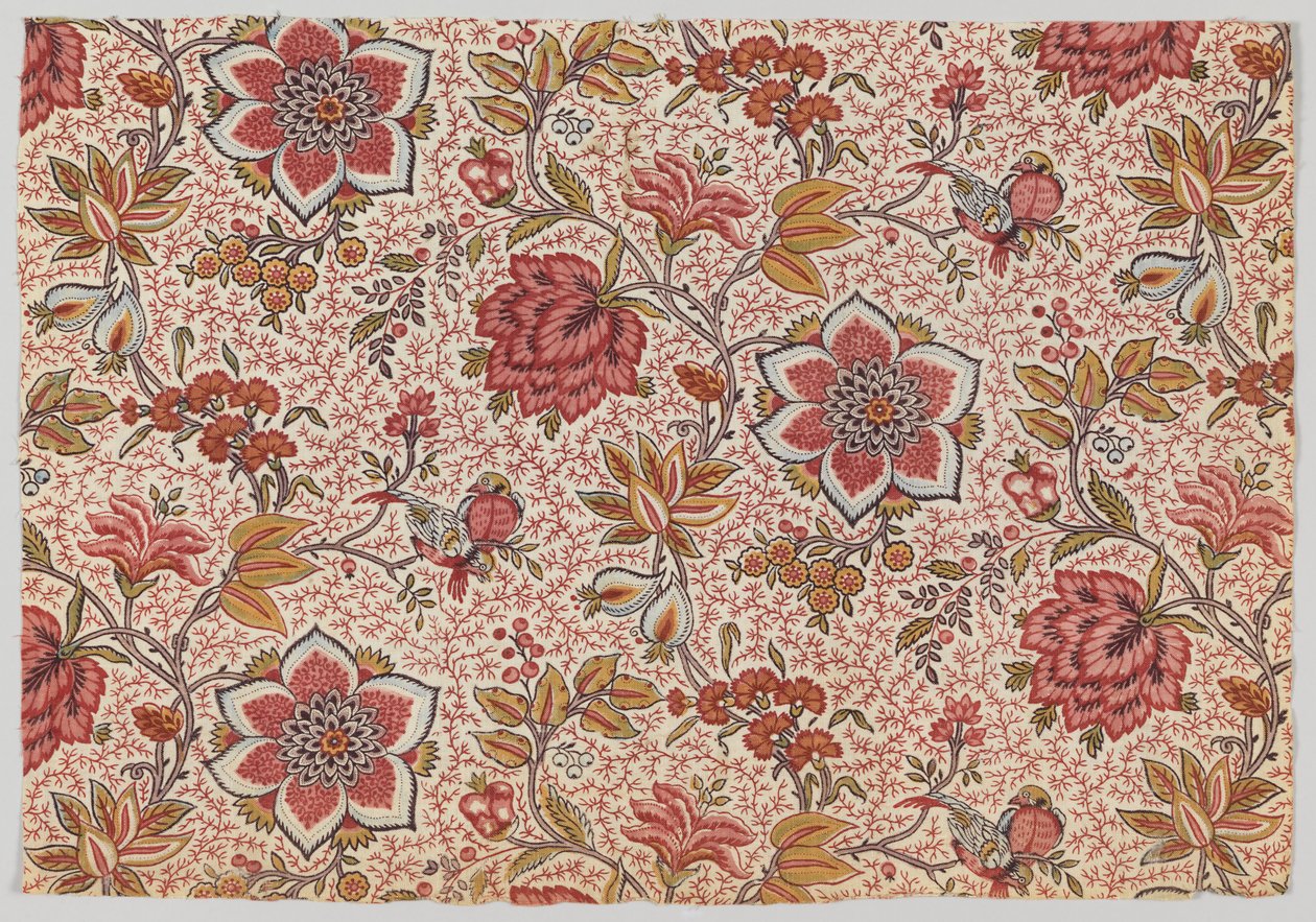 Blomster og fugler på prikkete kvister bakgrunn av Oberkampf and Cie.