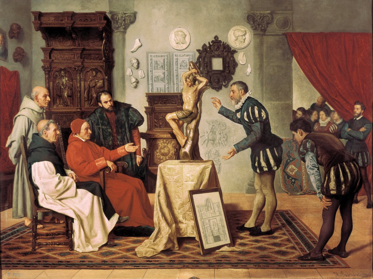 Maleren Alonso Berruguete (1480-1561) besøker kardinal Juan Pardo de Tavera (1472-1545) (maleri) av Ocano Sanchez Miguel Jadraque y