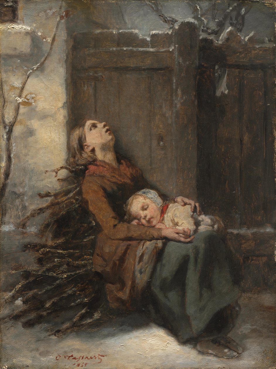 Utsatt død mor som holder sitt sovende barn om vinteren, ca. 1850. av Octave Tassaert