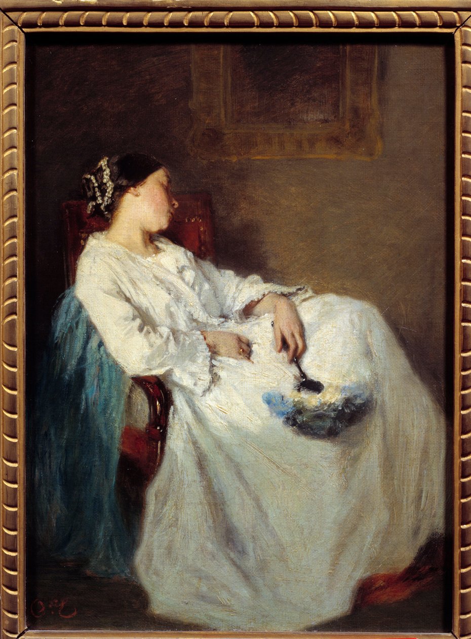 Sovende sittende kvinnemaleri av Octave Tassaert (1800-1874) 1800-tallets søn. 0,32 x 0,24 m av Octave Tassaert
