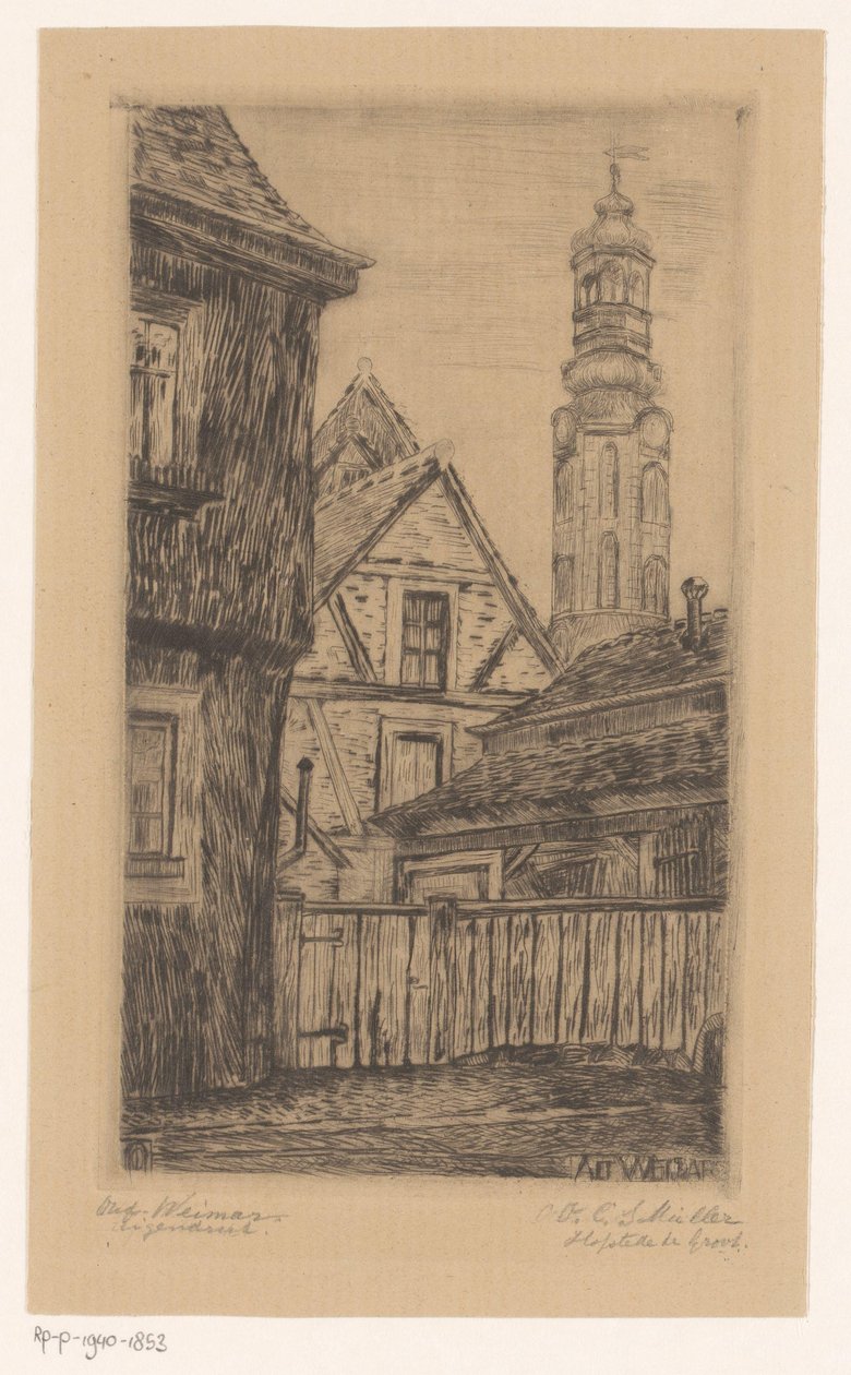 Bybilde med tårnet i Weimar Alt Weimar (tittel på objekt) av Octavia Cornelia Suzanna Hofstede de Groot (signed by artist)