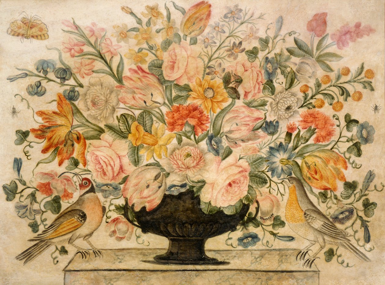 En urne med blomster på en avsats med to fugler, 1600 (wc med gouache på papir) av Octavianus Montfort