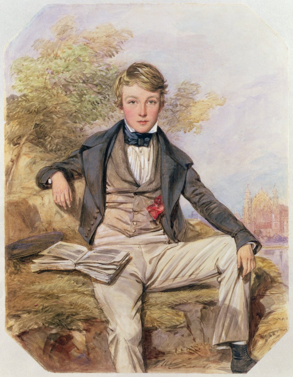 Portrett av Benjamin Gibbons sittende, med utsikt over Eton College Beyond, ca. 1838 (wc på papir) av Octavius Oakley