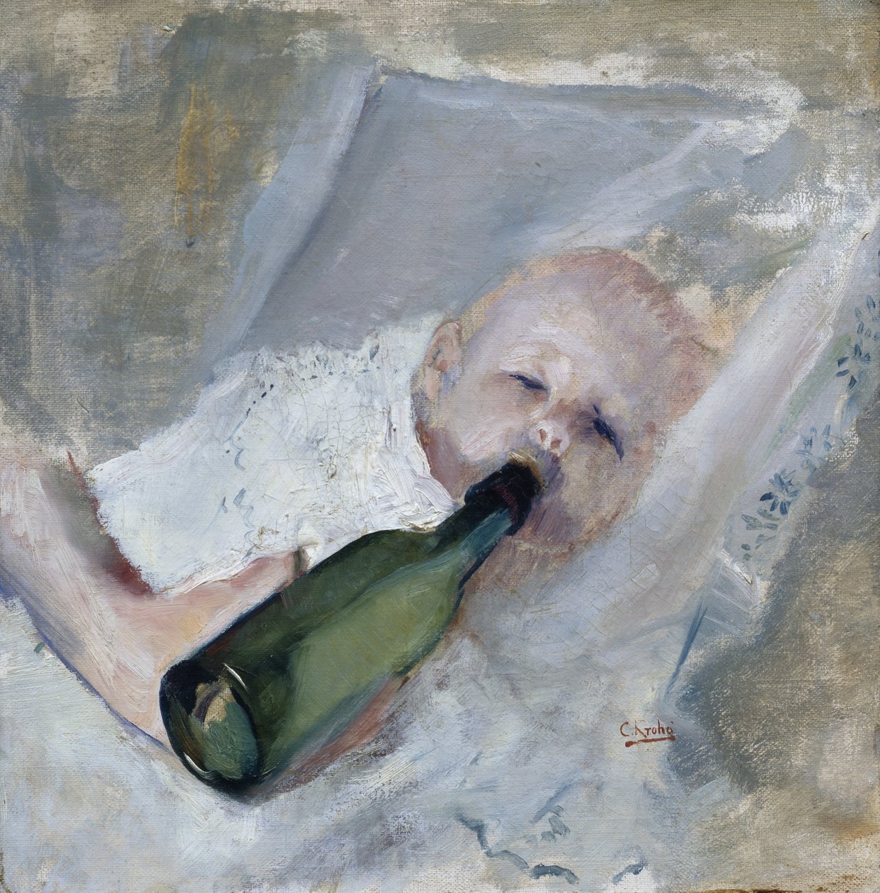 Baby med melkeflaske (olje på lerret) av Oda Krohg