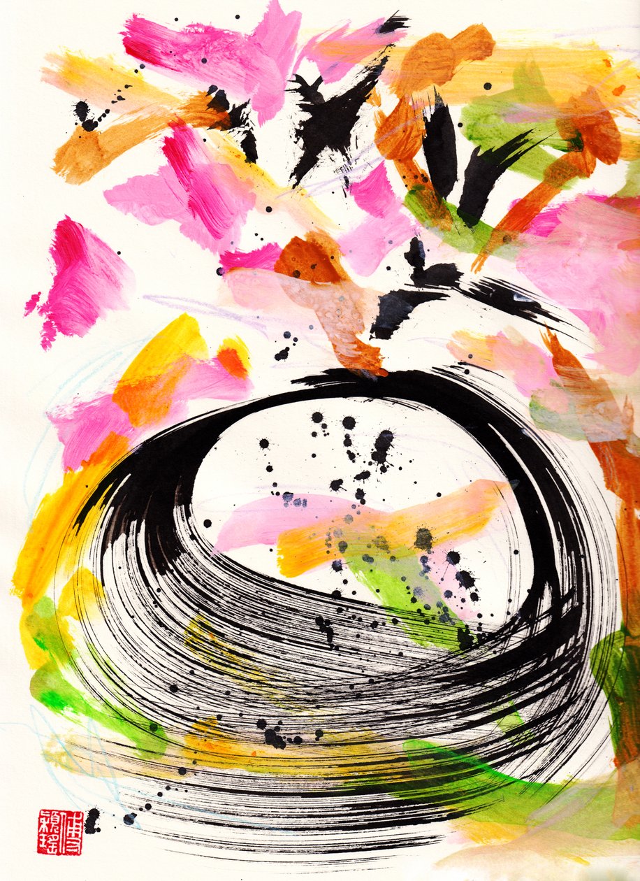 Mozart Ode To Love Floral Ink Abstraction, 2021 (blekk og farge på Xuan-papir) av Odilia W. Y. Fu
