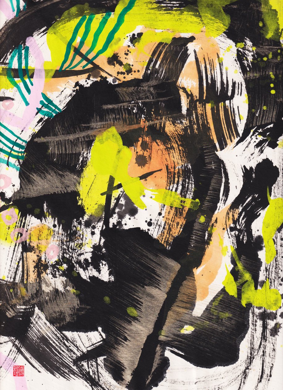 Zen Fire And Wind Ink Abstraction, 2018 (blekk og farge på Xuan-papir) av Odilia W. Y. Fu