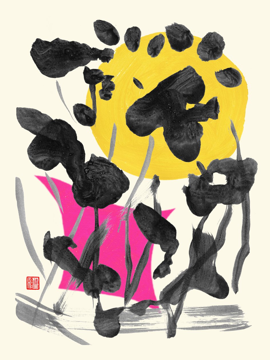 Zen Full Moon Ink Flowers, 2023 (akryl på papir, digital) av Odilia W. Y. Fu
