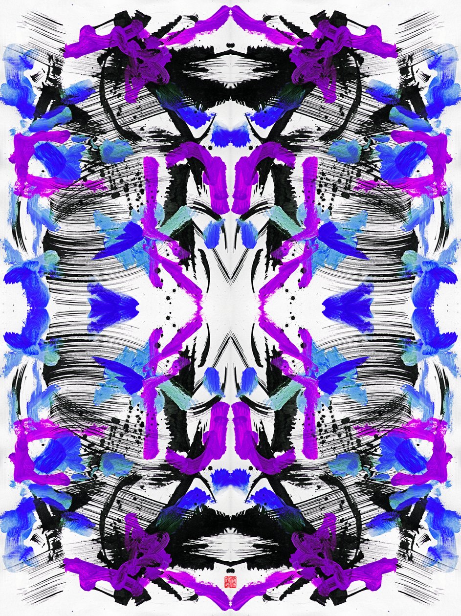 Zen Ink Blue Purple Floral Pattern, 2023 (akryl på papir, digital) av Odilia W. Y. Fu