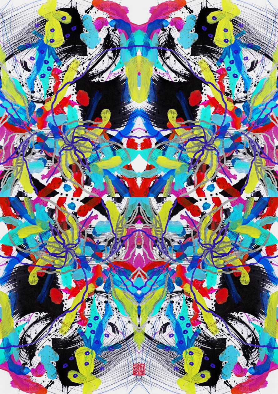 Zen Ink Blue Red Yellow Floral Pattern, 2023 (akryl på papir, digital) av Odilia W. Y. Fu
