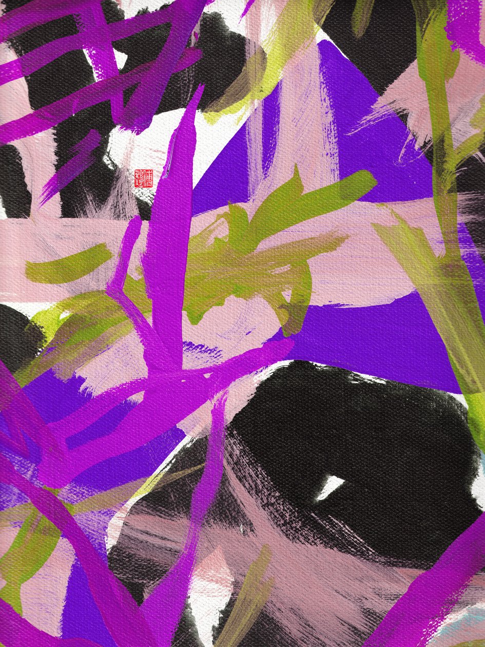 Zen Purple Floral, 2023 (akryl på lerret) av Odilia W. Y. Fu
