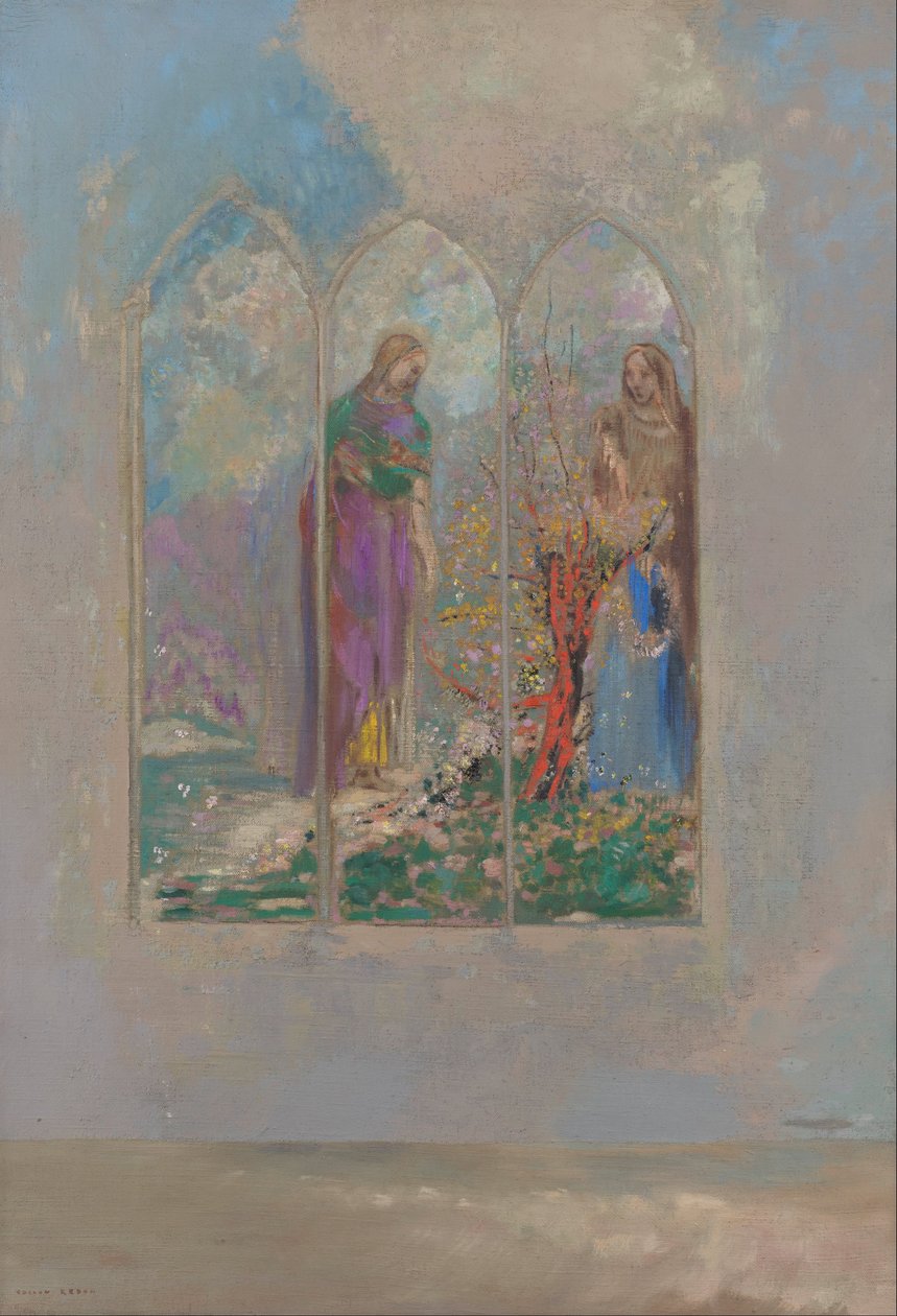 Andakt nær en rød busk av Odilon Redon