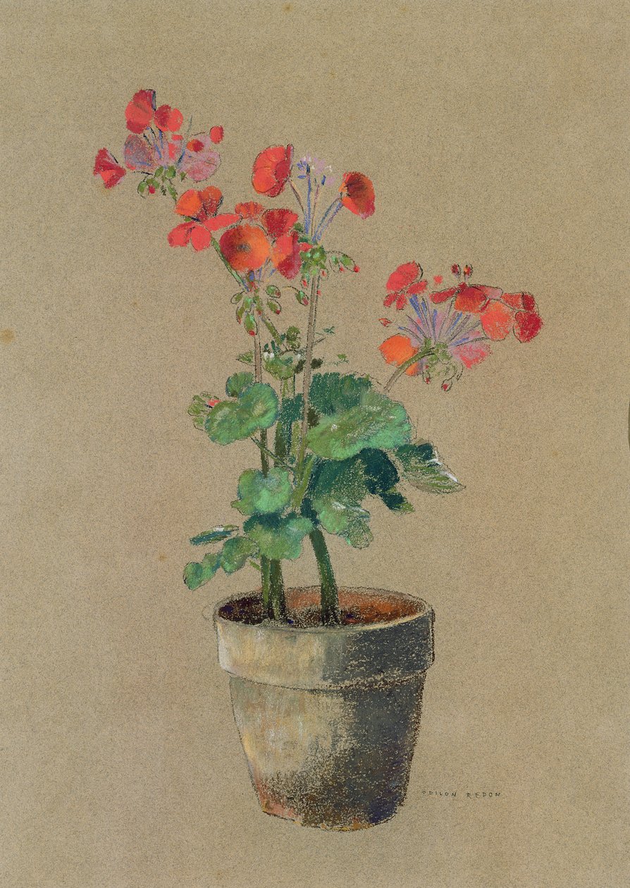Pelargonier i en gryte (pastell) av Odilon Redon