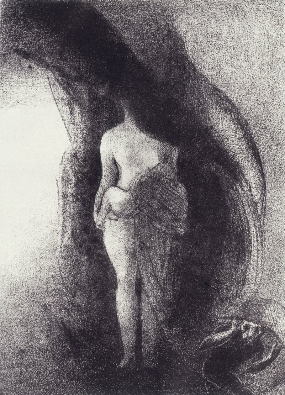 Jeg er fortsatt den store Isis! Ingen har ennå løftet sløret mitt! Mitt avkom er solen! for La Tentation de Saint-Antoine, Plate XVI, n.d. av Odilon Redon