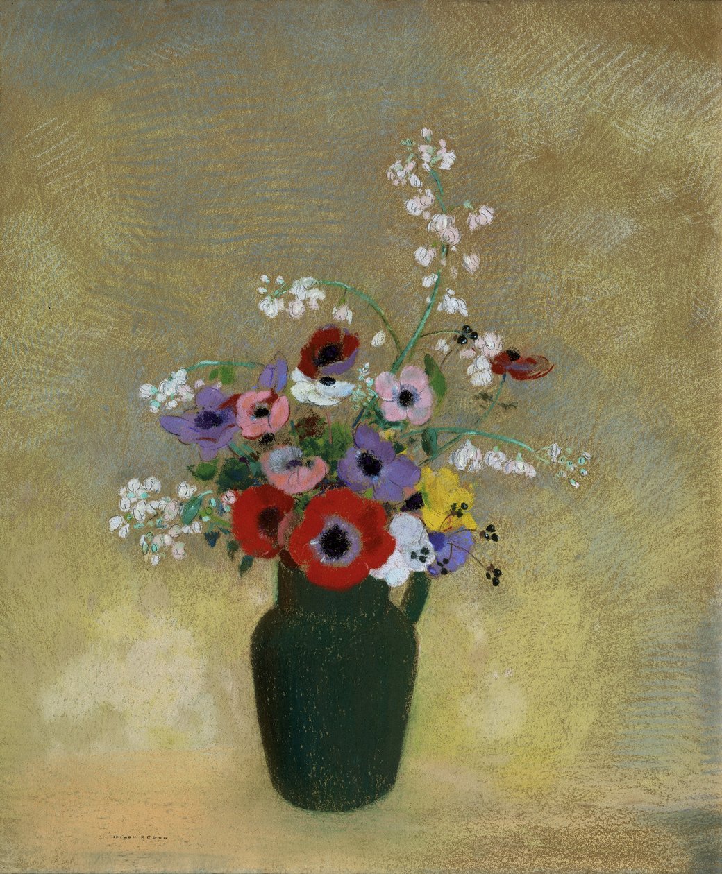 Stor grønn vase med blandede blomster av Odilon Redon