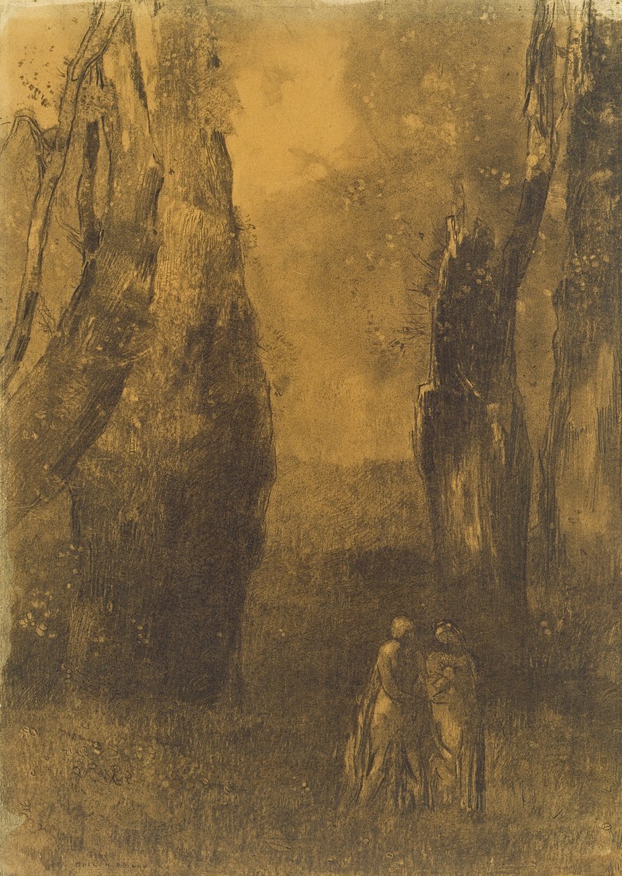 Elskere i et steinete landskap (kull) av Odilon Redon