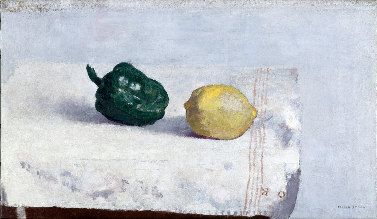 Pepper og sitron på en hvit duk, 1901 av Odilon Redon