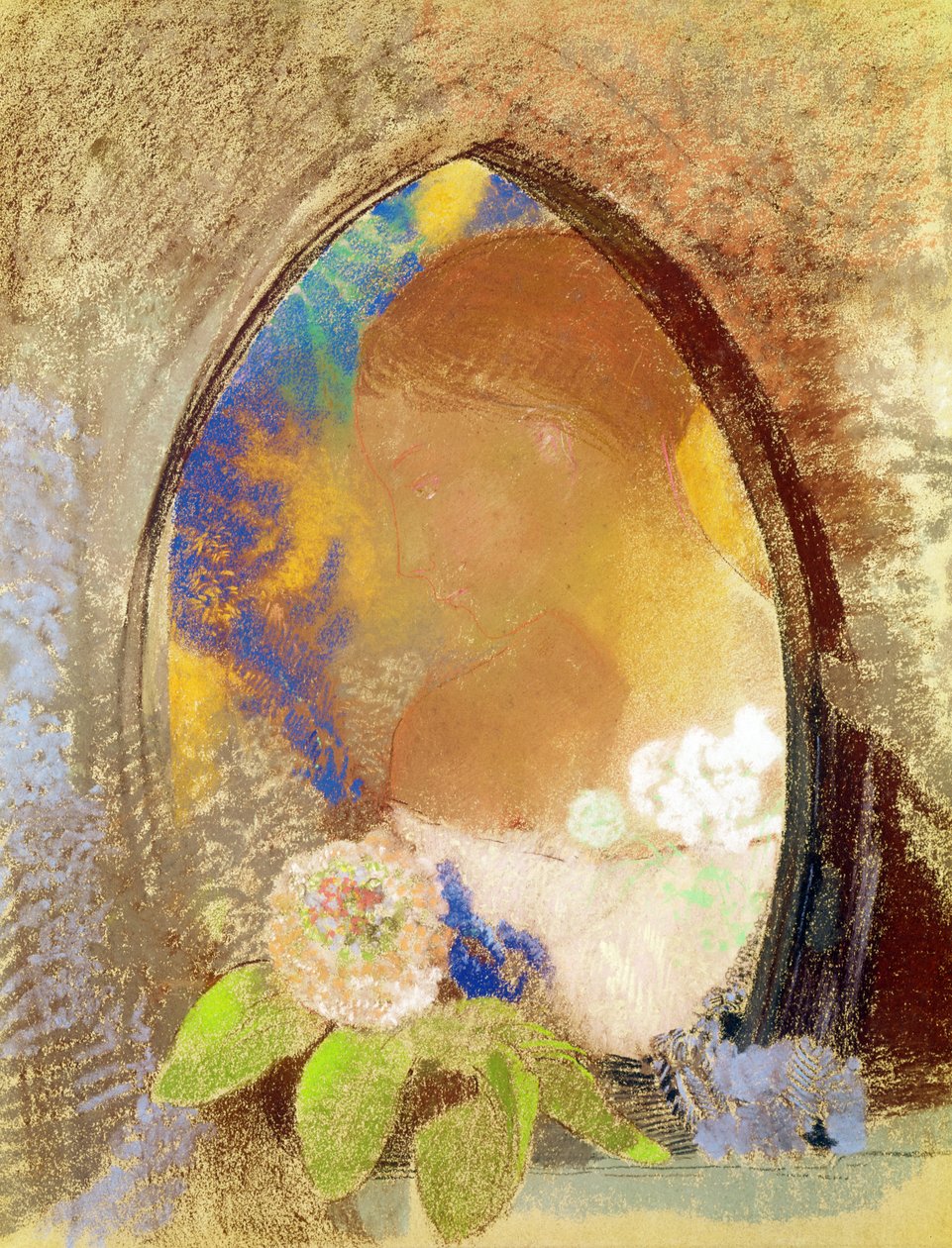 Portrett med blomster (pastell på papir) av Odilon Redon