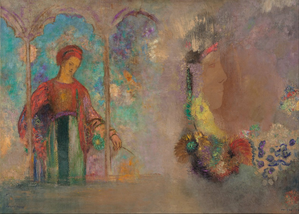 Kvinne i en gotisk arkade- kvinne med blomster av Odilon Redon