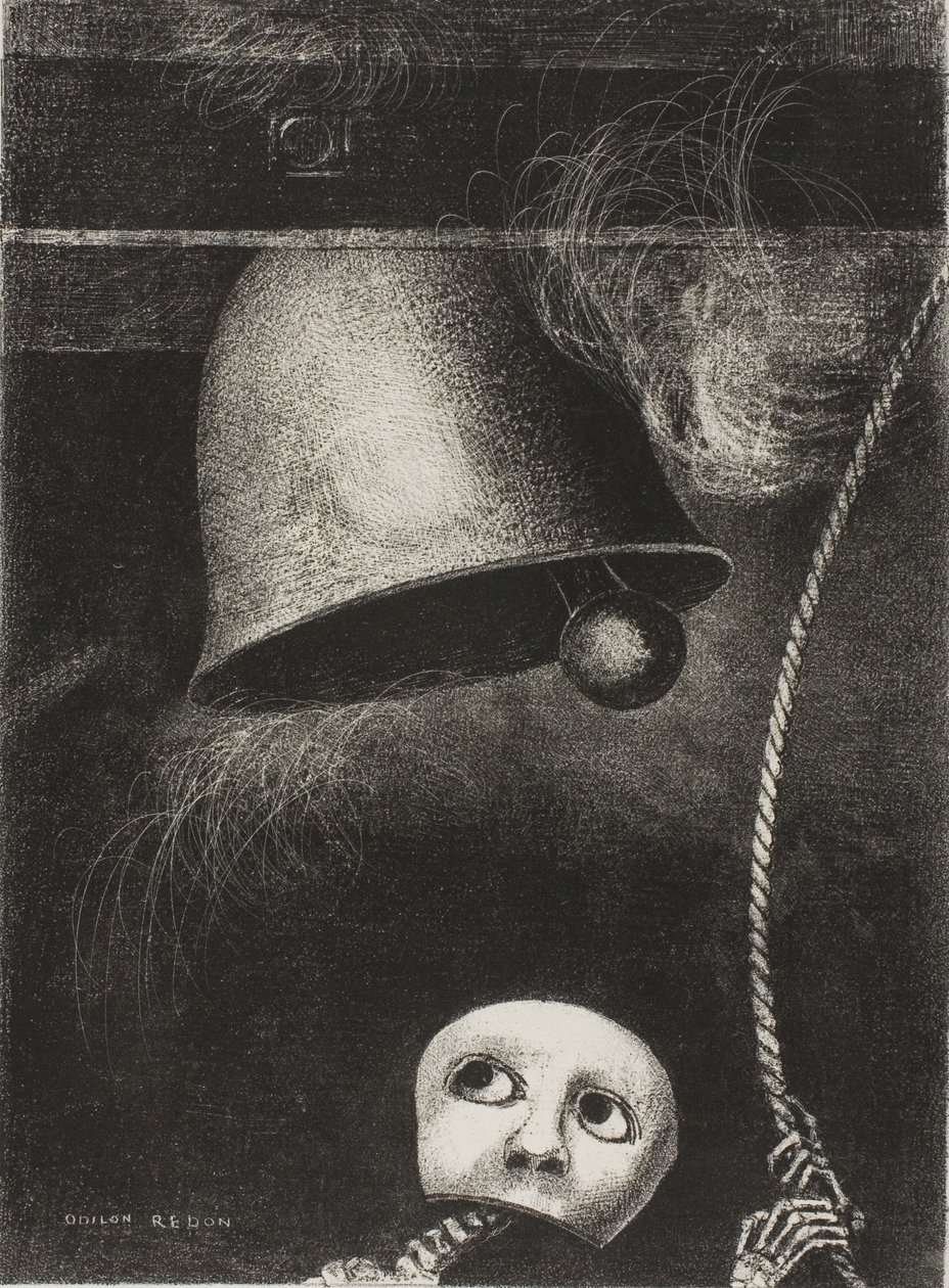 A Mask Sounds the Funeral Knell, plate tre fra To Edgar Poe av Odilon Redon