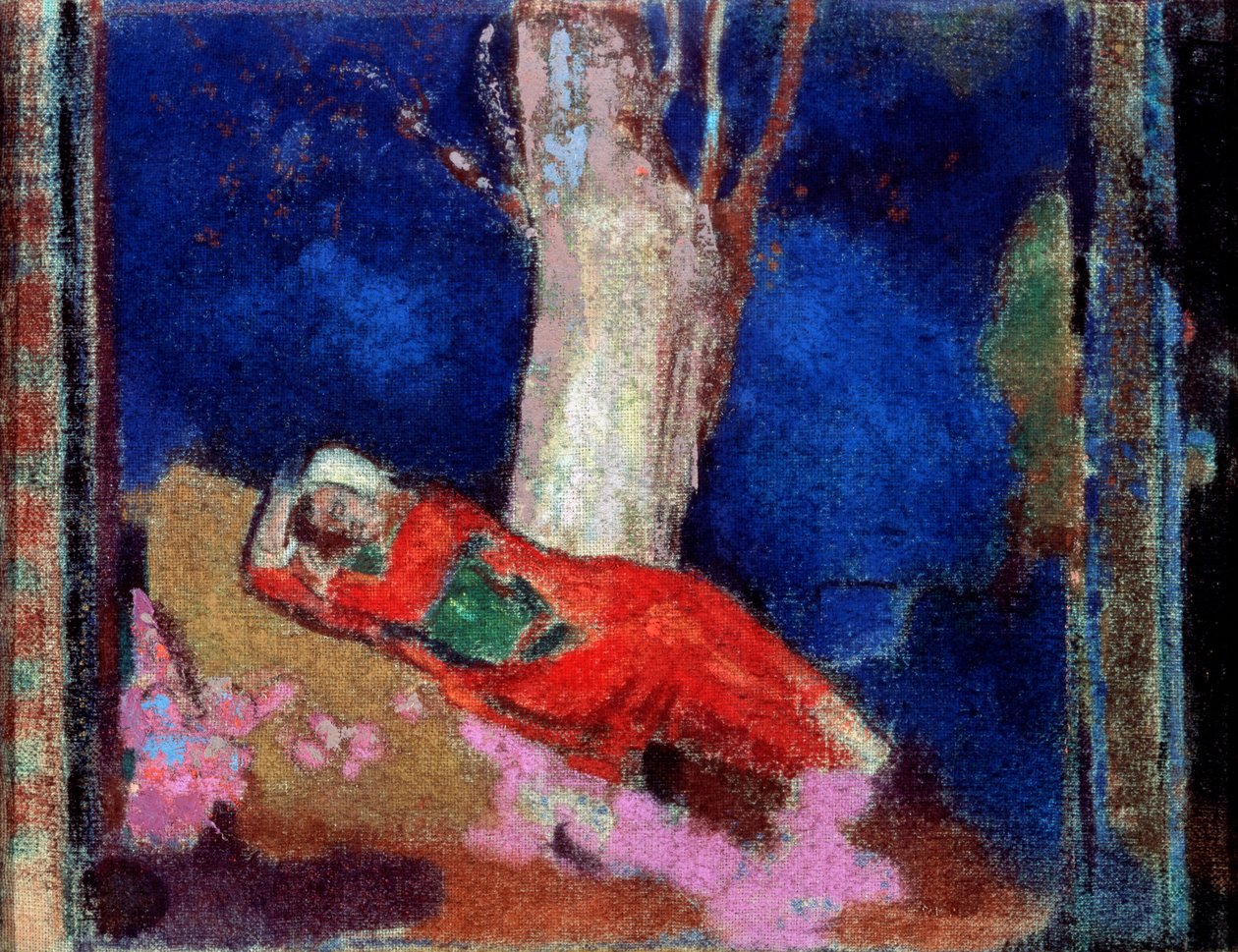 En kvinne som ligger under treet, 1800- eller begynnelsen av 1900-tallet. av Odilon Redon