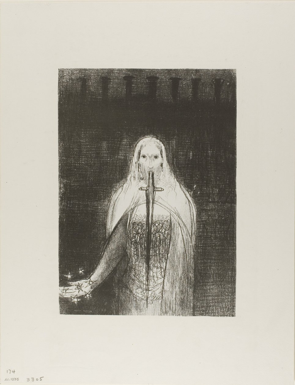 Og han hadde syv stjerner i sin høyre hånd; og ut av munnen hans gikk et skarpt tveegget sverd, plate 1 av 12 av Odilon Redon