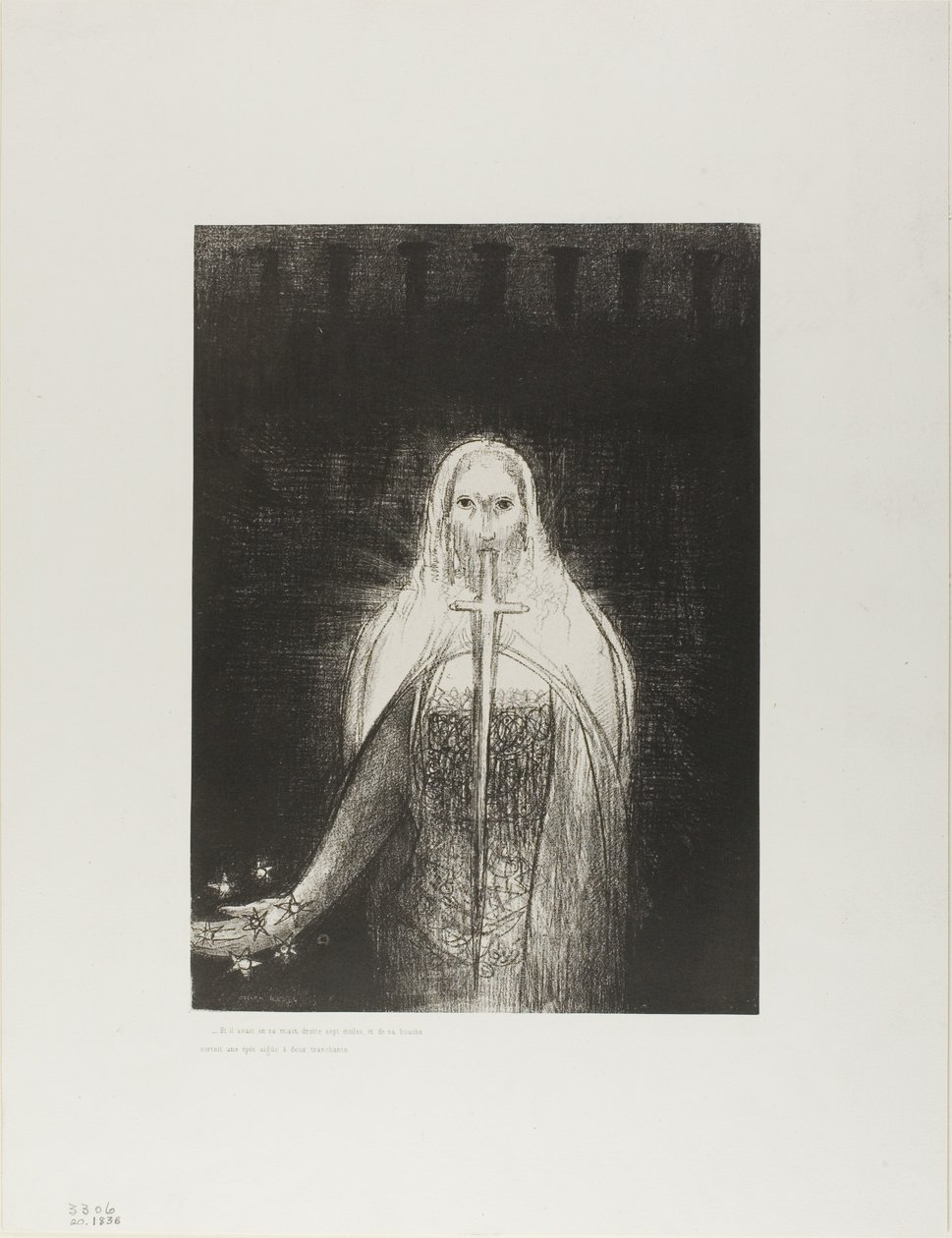 Og han hadde syv stjerner i sin høyre hånd; og ut av munnen hans gikk et skarpt tveegget sverd, plate 1 av 12 av Odilon Redon