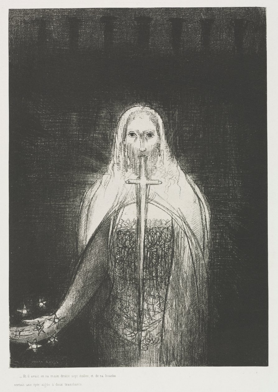 Og han hadde syv stjerner i sin høyre hånd; og ut av munnen hans gikk et skarpt tveegget sverd av Odilon Redon
