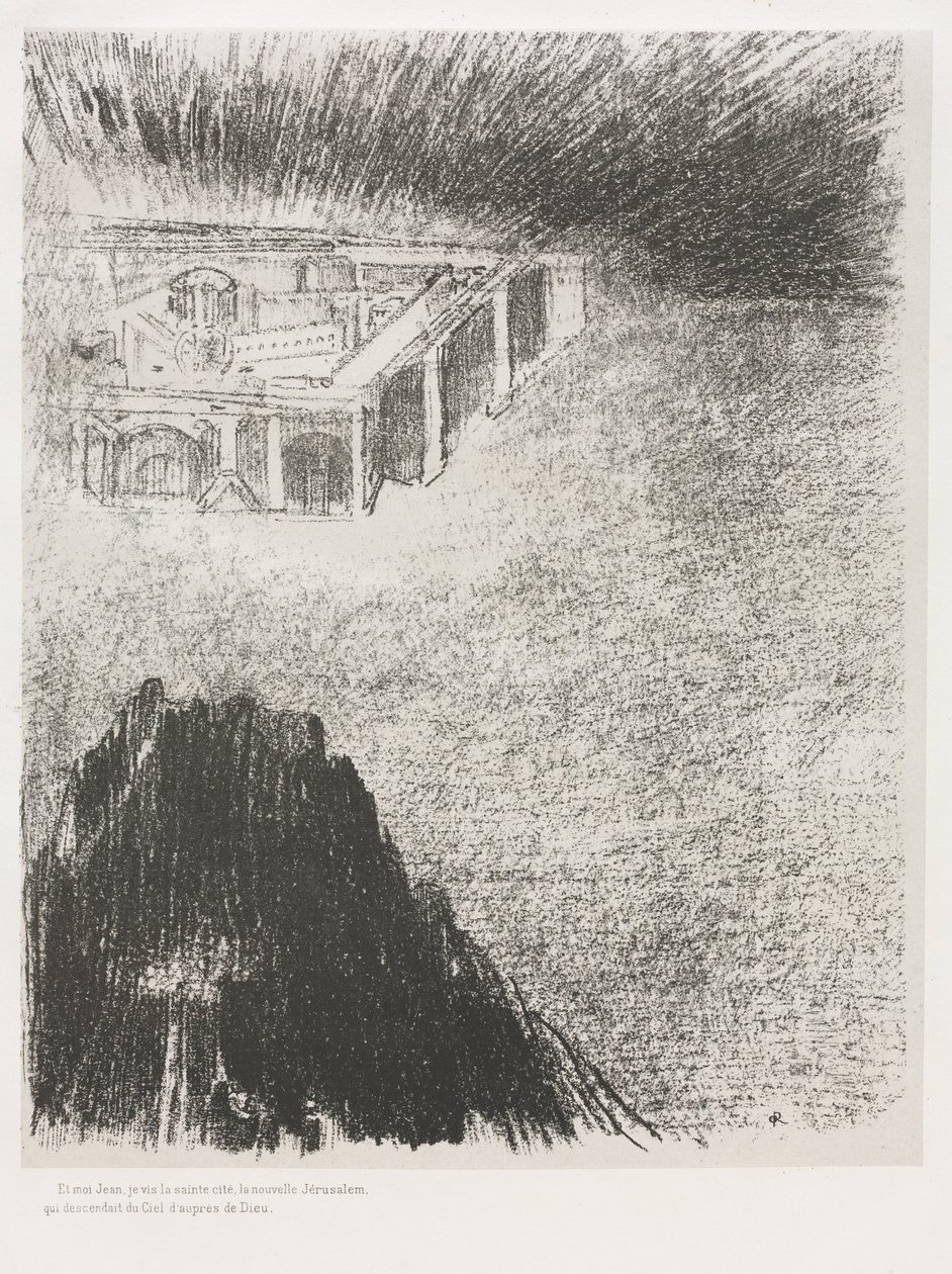 Og jeg, Johannes, så den hellige by, det nye Jerusalem, komme ned fra Gud og ut av himmelen av Odilon Redon