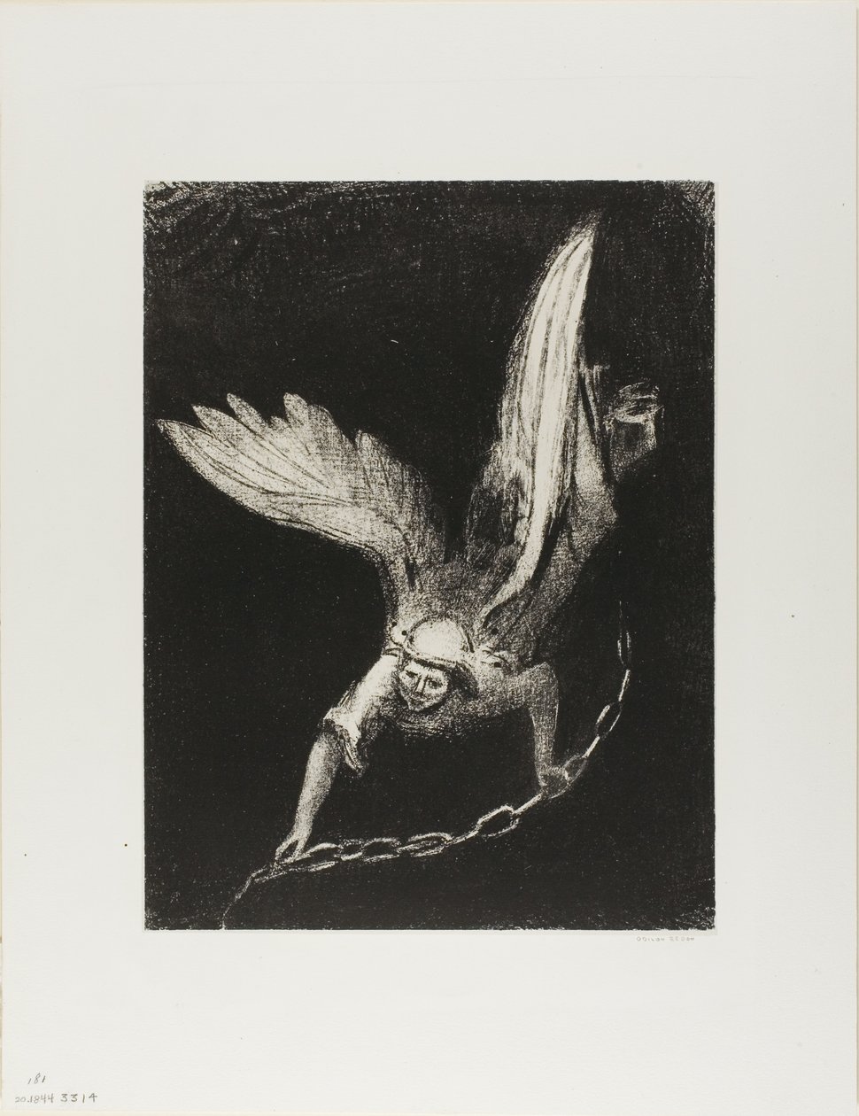 Og jeg så en engel komme ned fra himmelen, med nøkkelen til den bunnløse gropen og en stor kjede i hånden, plate 8 av 12 av Odilon Redon