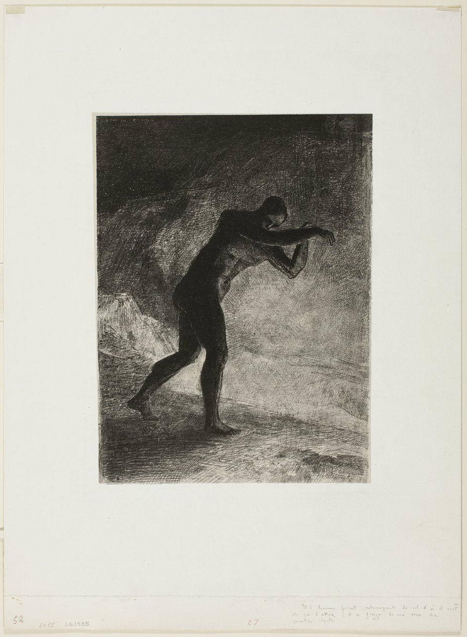 Og mennesket dukket opp; Han stilte spørsmål ved jorden som han kom ut fra og som tiltrakk ham, og tok veien mot dyster lysstyrke, plate 8 av 8 fra "Les Origines" av Odilon Redon