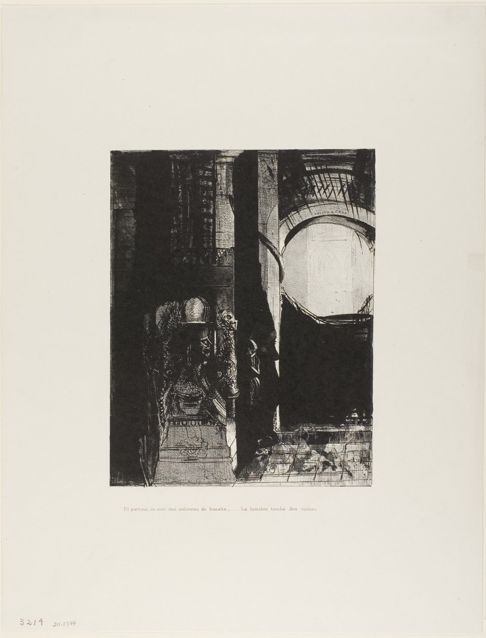Og på hver side er det søyler av basalt, ... lyset faller fra det hvelvede taket, plate 3 av 24 av Odilon Redon