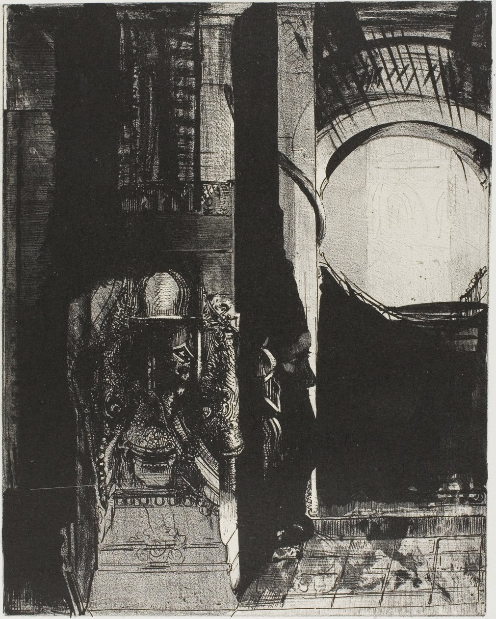 Og på hver side er det søyler av basalt, ... lyset faller fra det hvelvede taket, plate 3 av 24 av Odilon Redon