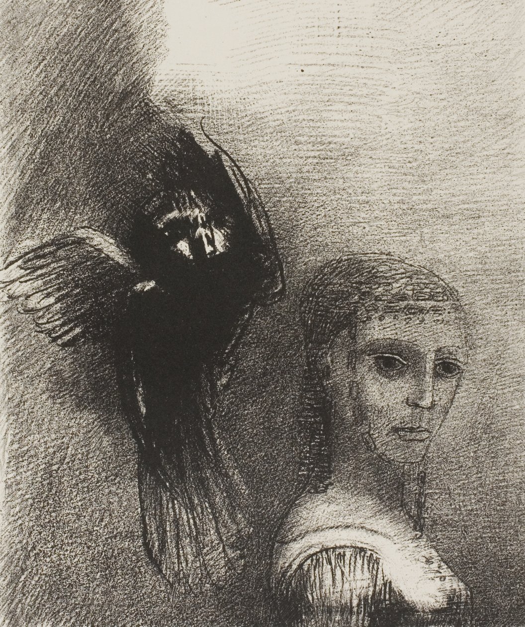 Og en stor fugl, som stiger ned fra himmelen, kaster seg mot det øverste punktet på håret hennes, plate 3 av 10 av Odilon Redon