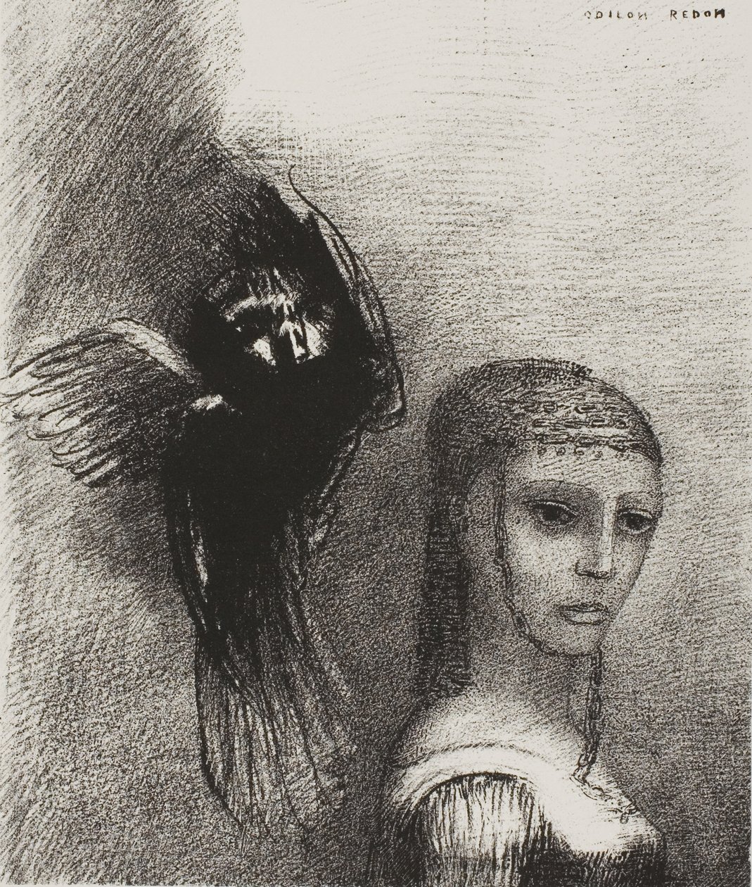 Og en stor fugl, som stiger ned fra himmelen, kaster seg mot det øverste punktet på håret hennes, plate 3 av 10 av Odilon Redon