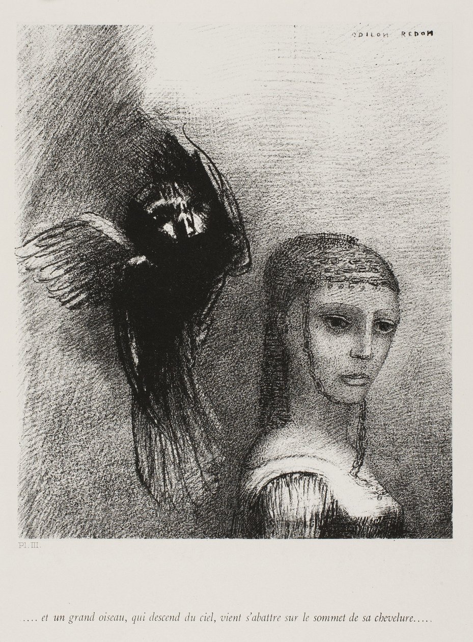 Og en stor fugl, som stiger ned fra himmelen, kaster seg mot det øverste punktet på håret hennes, plate 3 av 10, 1888 av Odilon Redon