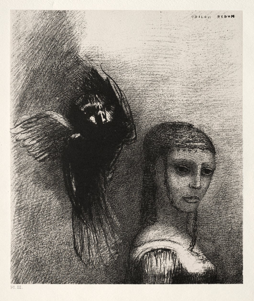 Og en stor fugl, som stiger ned fra himmelen, kaster seg mot det øverste punktet på håret hennes av Odilon Redon