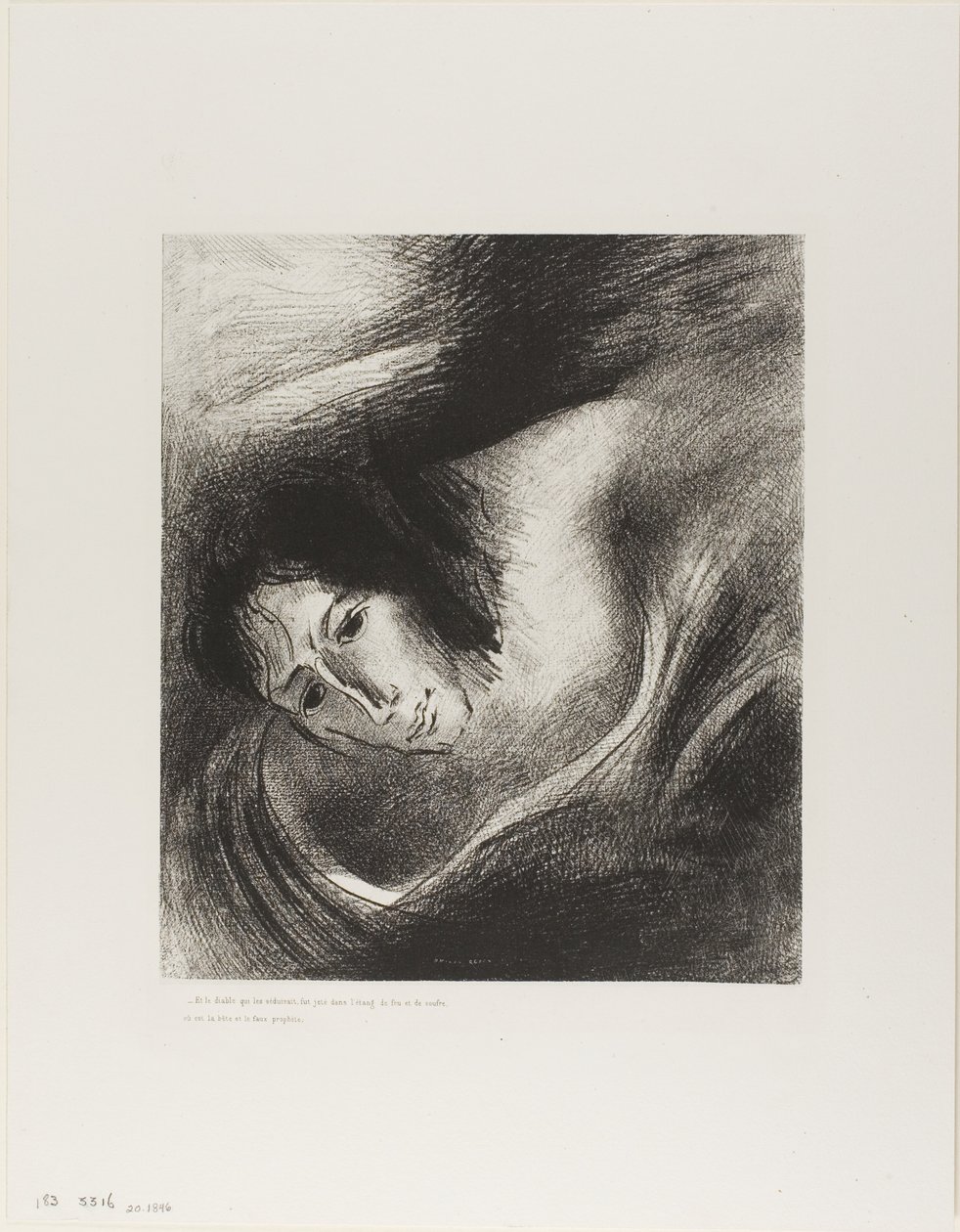 Og djevelen som hadde forført dem ble kastet i sjøen av ild og svovel, hvor udyret og den falske profeten er, plate 10 av 12 av Odilon Redon