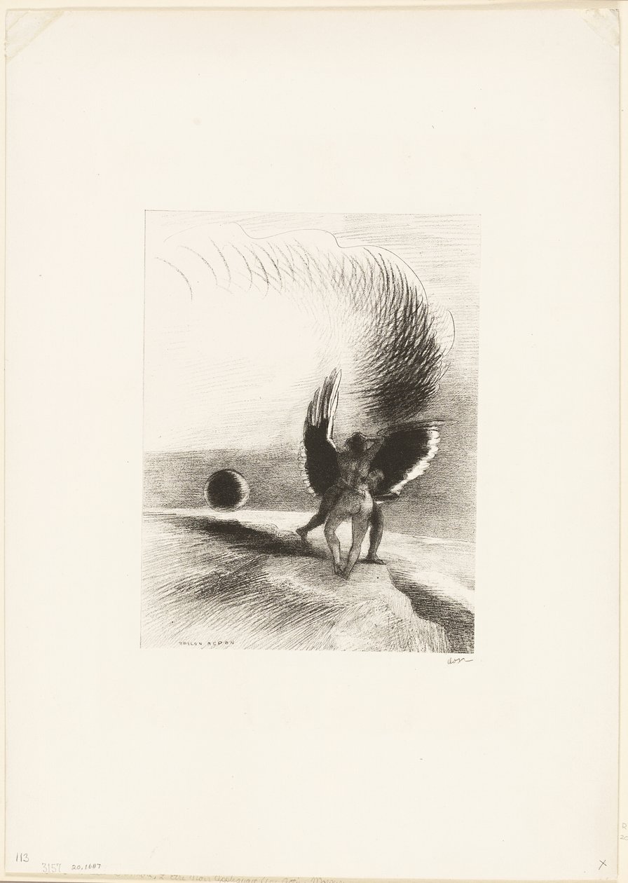 Under Wing of Shadow bet den svarte skapningen energisk, plate 4 av 6 av Odilon Redon