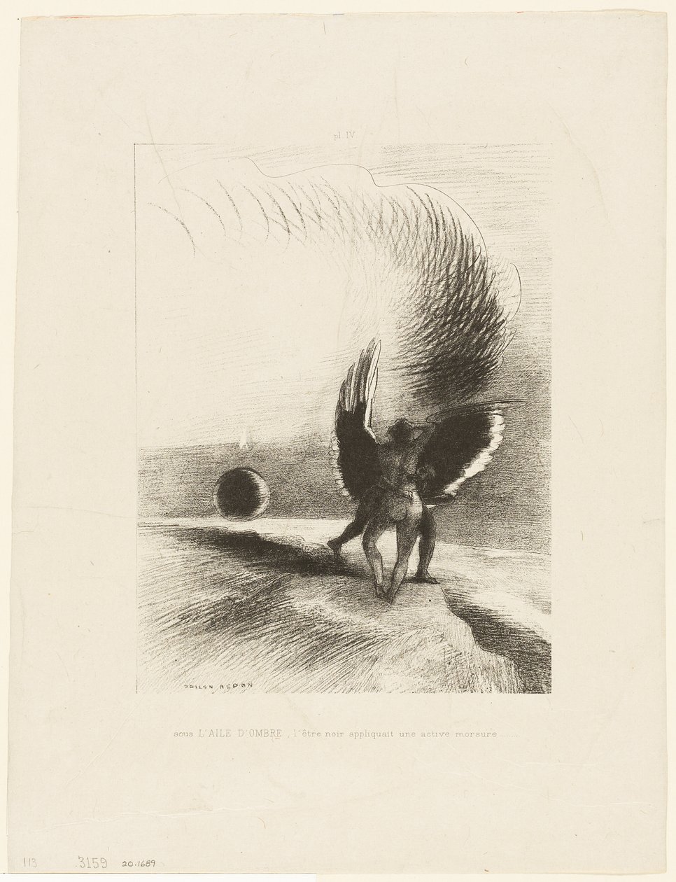 Under vingen til en skygge bet den svarte skapningen energisk, plate 4 av 6 av Odilon Redon