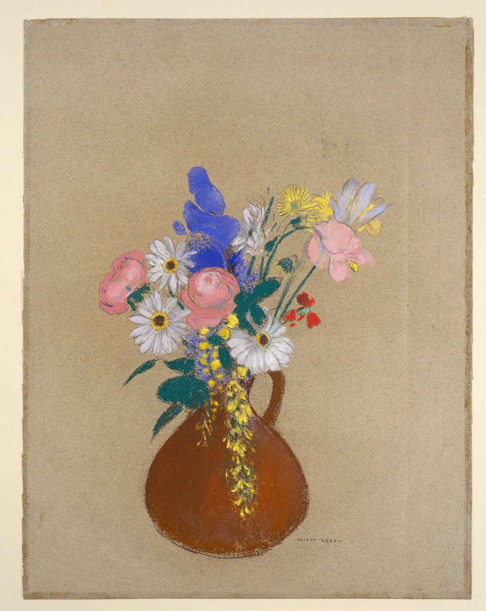 Blomsterbukett i brun leirvase av Odilon Redon