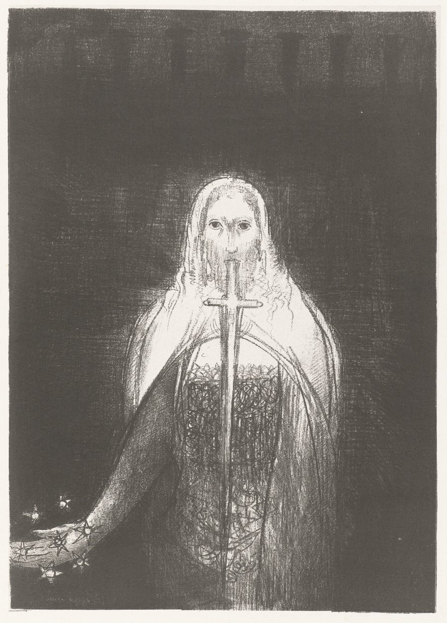 Christus legger stjerner i hånden Og han hadde syv stjerner i sin høyre hånd, og ut av hans munn gikk et skarpt tveegget sverd Apocalypse of Saint John (serietittel) Openbaring van Johannes (serietittel) av Odilon Redon