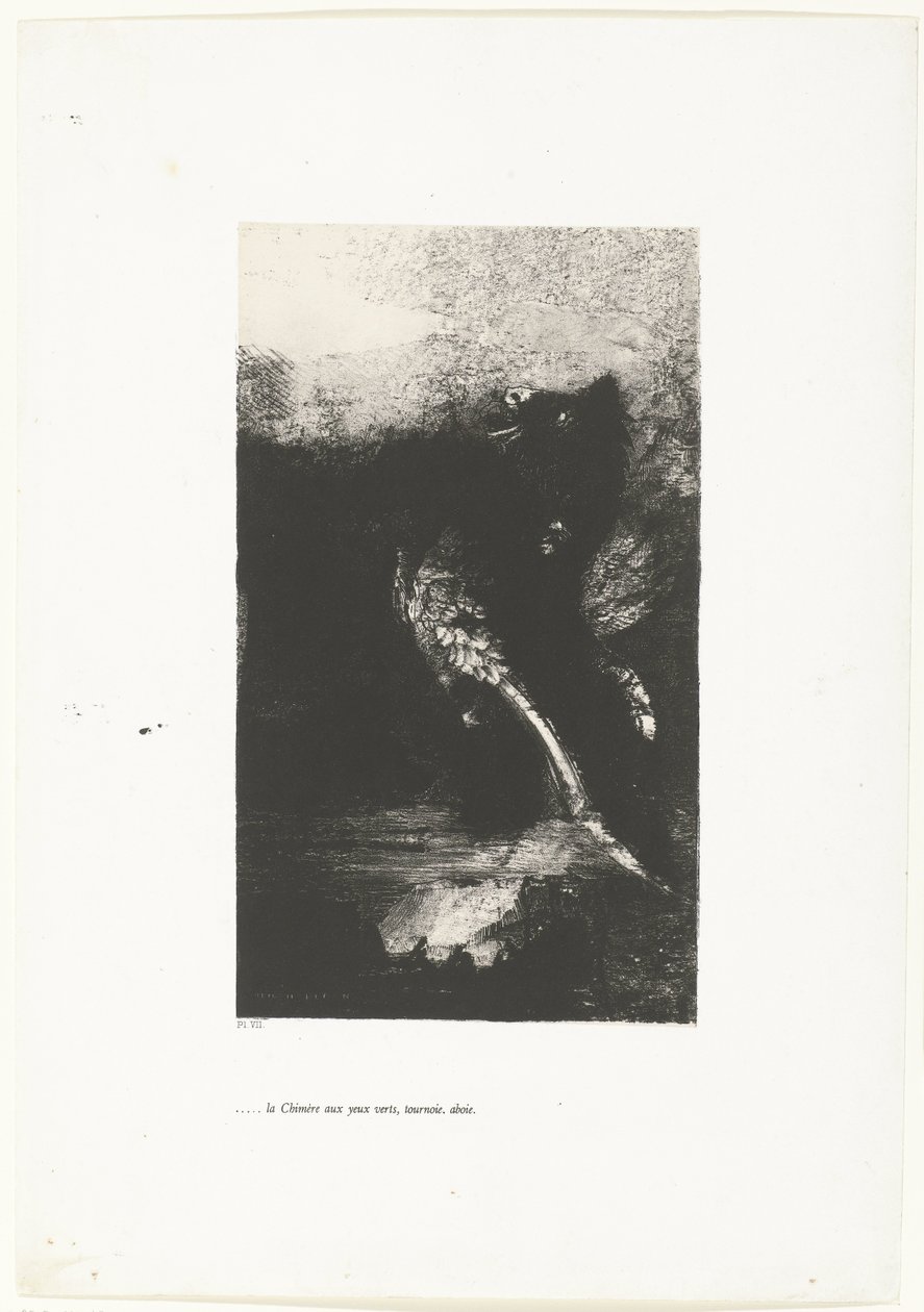 Chimeraen med grønne øyne, skriker, spinner ...la Chimère aux yeux verts, tournoie, aboie (tittel på objekt) Tentation de Saint-Antoine (1) (serietittel) Temptation of Saint Anthony (serietittel) av Odilon Redon