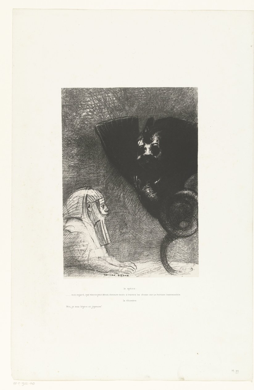 Fra sfinx til chimaera Sfinksen: ... mitt blikk, som ingenting kan avvike, forblir anstrengt gjennom ting på en utilgjengelig horisont, Chimeraen: Meg, jeg er lett og glad! Temptation of Saint Anthony (2) (serietittel) Søking van de heilig av Odilon Redon