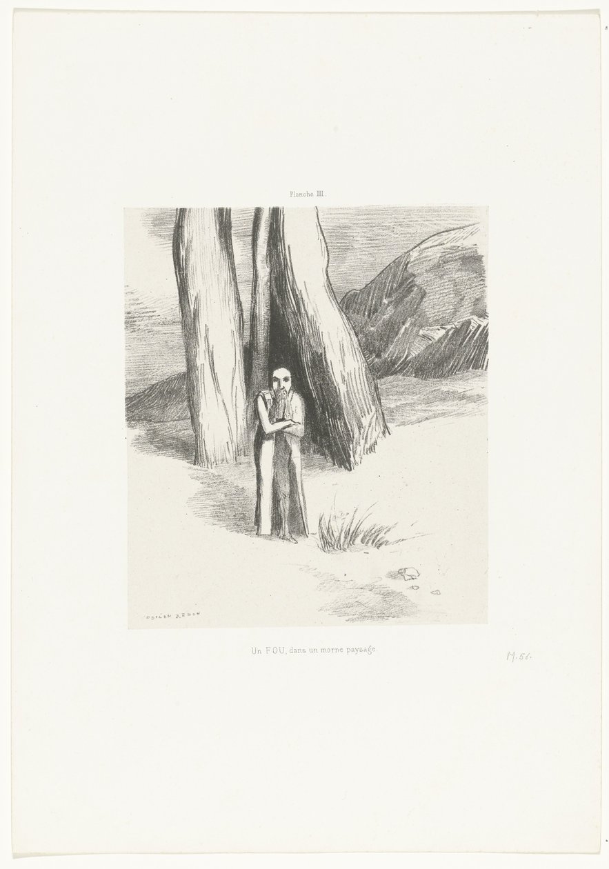 En galning i et dystert landskap Un FOU, dans un morne paysage (tittel på objekt) av Odilon Redon